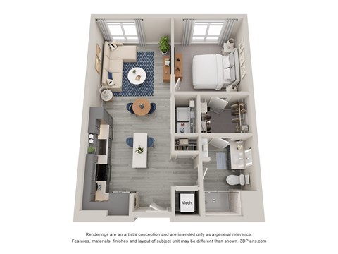 Floor plan for 1 bed, 1 bath, 719 sqft
